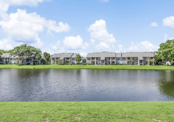 Scenic view of a peaceful residential community near a lake