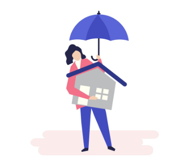 Illustration of a woman carrying a house and shielding it with an umbrella, symbolizing protecting the home during hurricane season in affordable housing communities.